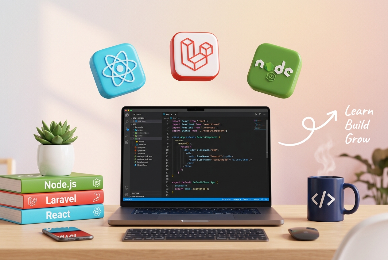 Developer Workspace with Laptop, Code, and Tech Stacks