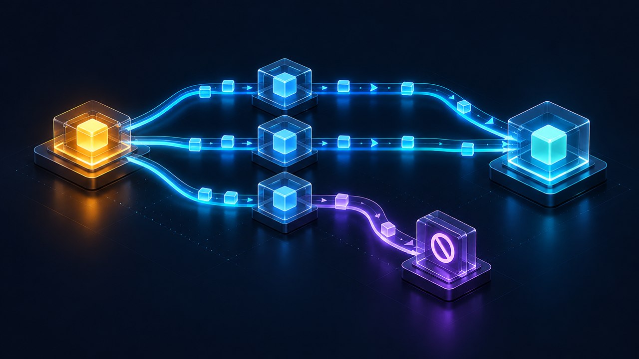 Three glowing task paths connect an execution core to a completion hub, with one path branching to a cancellation gate